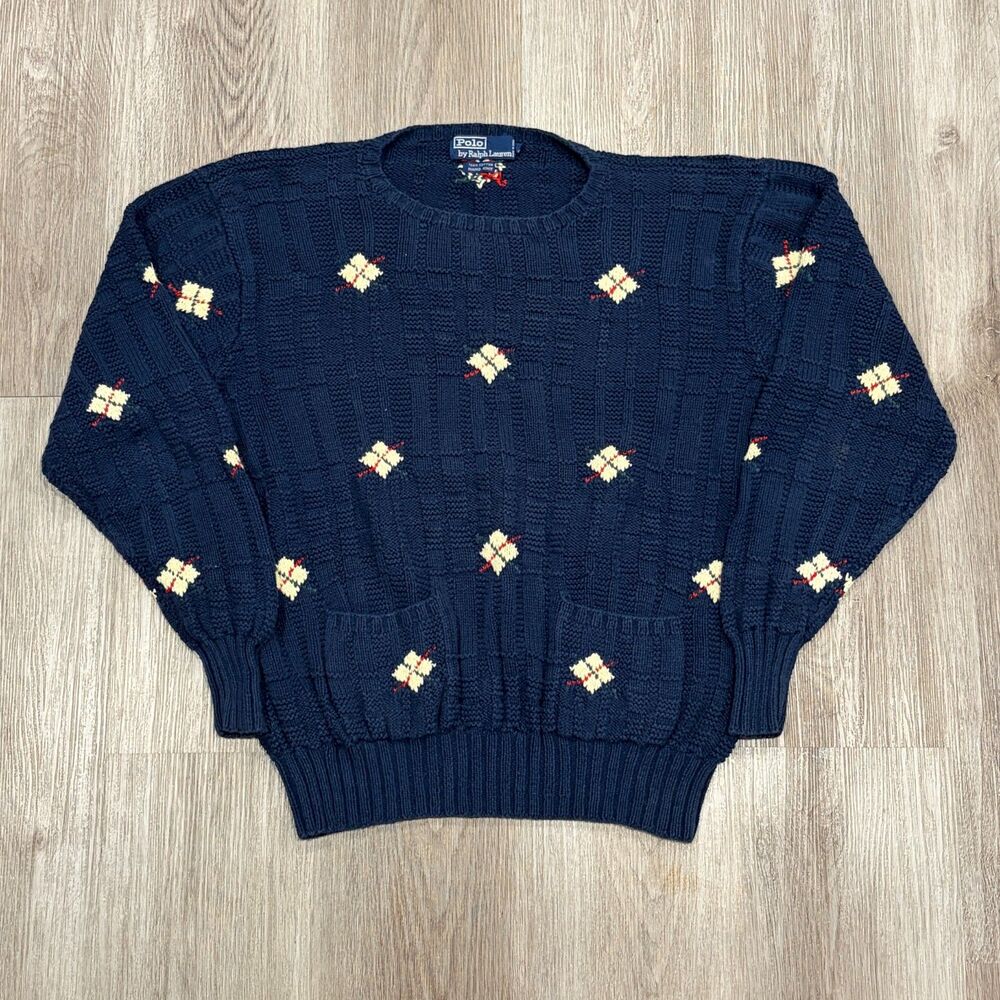 RARE Vtg 90s Polo by Ralph Lauren Knit Pattern Cotton Sweater Pockets Men Sz L